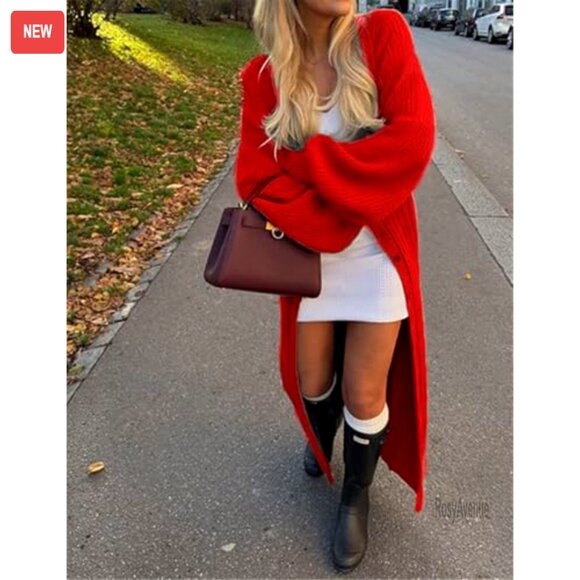 V-Neck Button Down Long Cardigan Chunky Knit Maxi Coat Sweater Dress - Picture 2 of 7